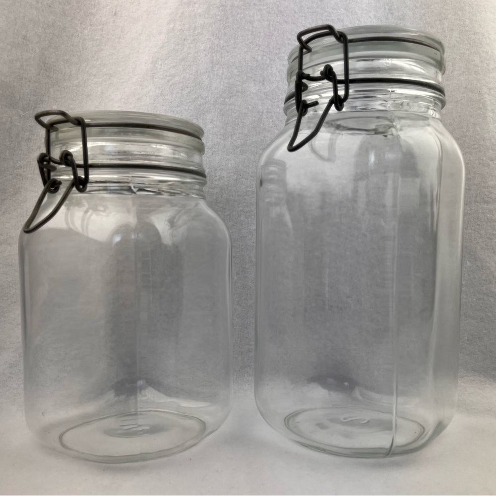 Vintage Italian Per Alimenti FV Square Glass Canisters Jars Set 2L 1 1/2L Wire